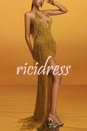 Glimmer Hour Shiny Layered Tassels Halter Cutout Neck Split Maxi Dress