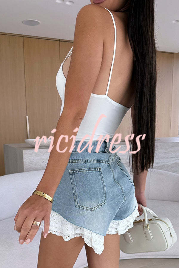 Brooke Denim High Waist  Pocket Layered Lace Trim Loose Shorts