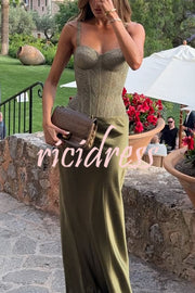 In A Fairytale Lace Satin Mid Rise Drape Maxi Skirt