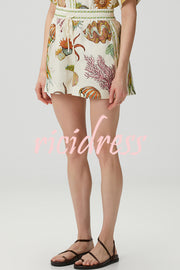 Beach Shell Print Short Sleeve Loose Shirt and Elastic Waist Tie Casual Pocket Shorts Set