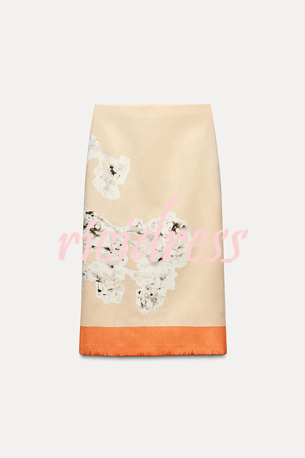 Avani Linen Blend Flower Print High Rise Pencil Slit Midi Skirt