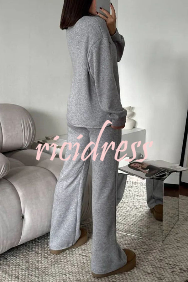 Solid Color Casual Knitted High Neck Long Sleeve Top and Elastic Waist Loose Pants Set