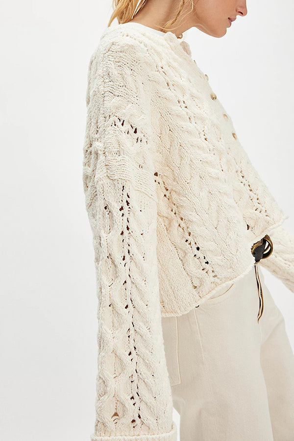 Solid Color Loose-fitting Openwork Long-sleeved Knit Sweater