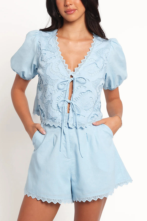 Fashionable V-neck Tie Puff Sleeve Top and Casual Pocket Shorts Set