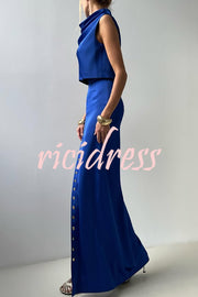 Solid Color Casual Sleeveless Crop Top and Elegant Button-down Maxi Skirt Set