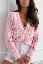Fashion Hollow Long Sleeve V-neck Button Loose Knitted Cardigan