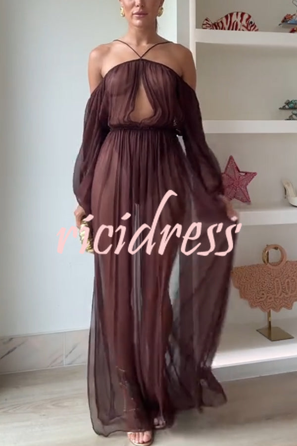 Marsie Semi-sheer Fabric Cutout Off Sholder Elastic Waist Slit Maxi Dress
