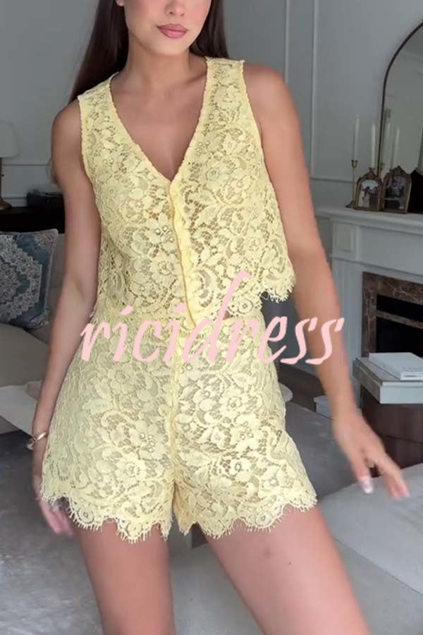 Cute in Butter Floral Lace Button Up Vest and Mid Rise Shorts Set