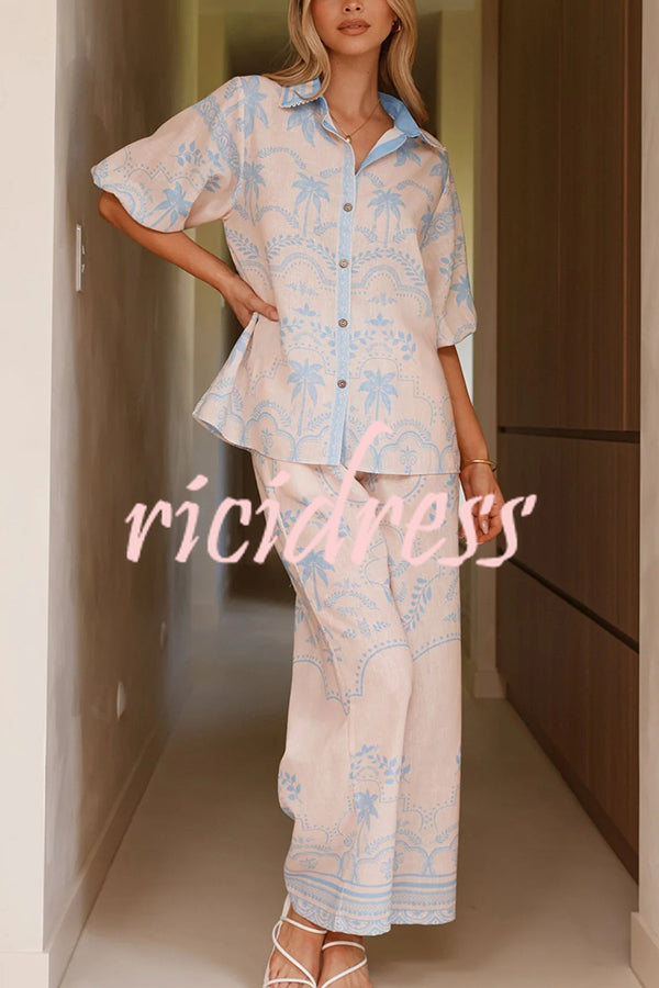 Linen Blend Lapel Puff Sleeve Loose Shirt and Casual Pocket Straight Pants Set