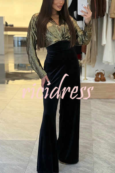 Caitlin Metallic Velvet Patchwork Long Batwing Sleeve Pocket Wide Leg Jumpsuit