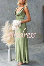 Chic Muse Satin Solid Color Cowl Neck Back Tie-up Maxi Dress