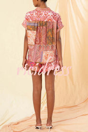 Meina Linen Blend Muti Floral Print Shirt and Elastic Waist Pocketed Shorts Set