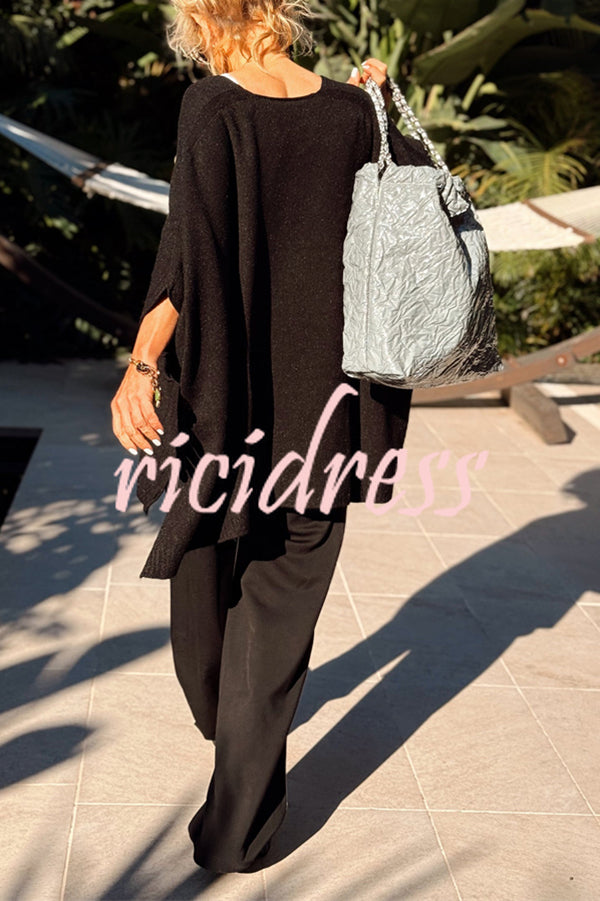 Fashion V-neck Loose Pocket Mid-length Knitted Sweater