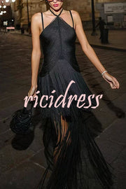 Sexy Halterneck Open Back Elegant Tassel Slim Maxi Dress