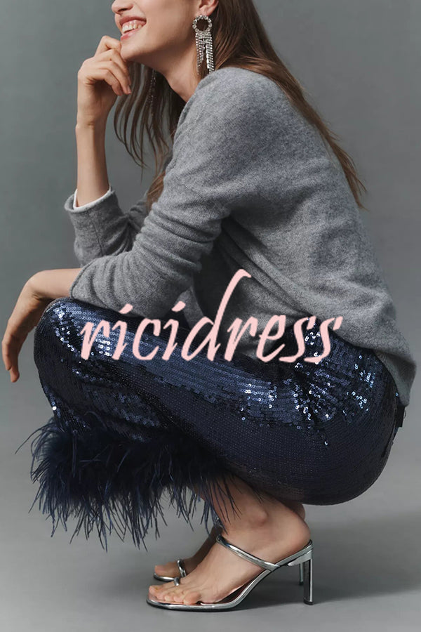 New Year Eve Sequin Feather Trim High Rise Back Zipper Flare Pants