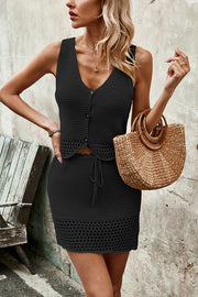 Knitted Vest V-neck Top and Lace-up Hollow Skirt Set