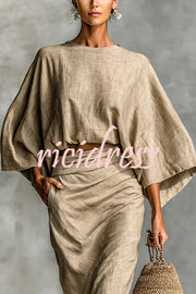 Linen Blend Batwing Sleeve Loose Top and Casual Pocket Maxi Skirt Set