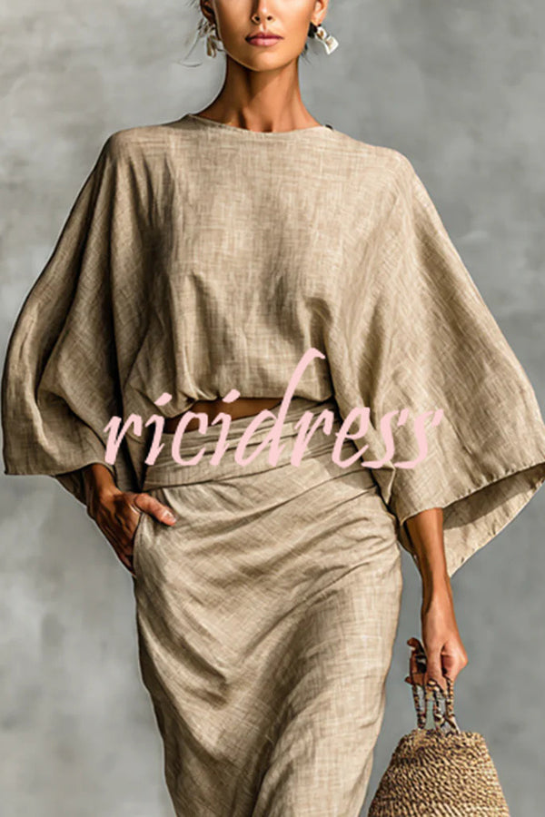 Linen Blend Batwing Sleeve Loose Top and Casual Pocket Maxi Skirt Set