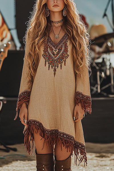 Unique Printed V-Neck Long Sleeve Fringe Loose Mini Dress