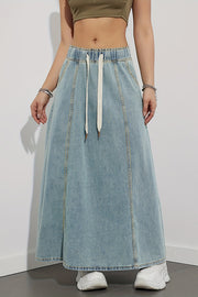 Fashion Elastic Waist Drawstring Casual Pocket Denim Maxi Skirt