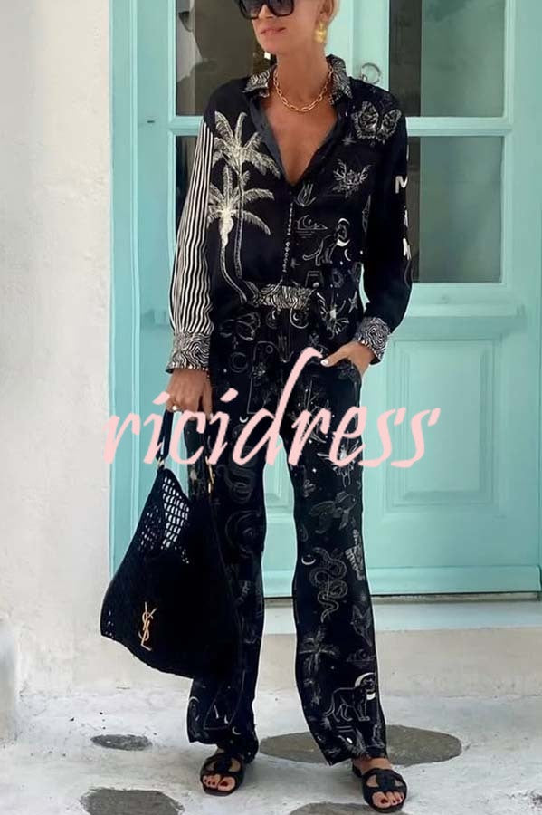 Black Magic Satin Unique Print Long Sleeve Blouse and Elastic Waist Pocket Wide Leg Pants Set