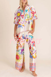 Colorful Vibes Satin Unique Print Short Sleeve Loose Shirt and Elastic Waist Pocket Slit Pants Set