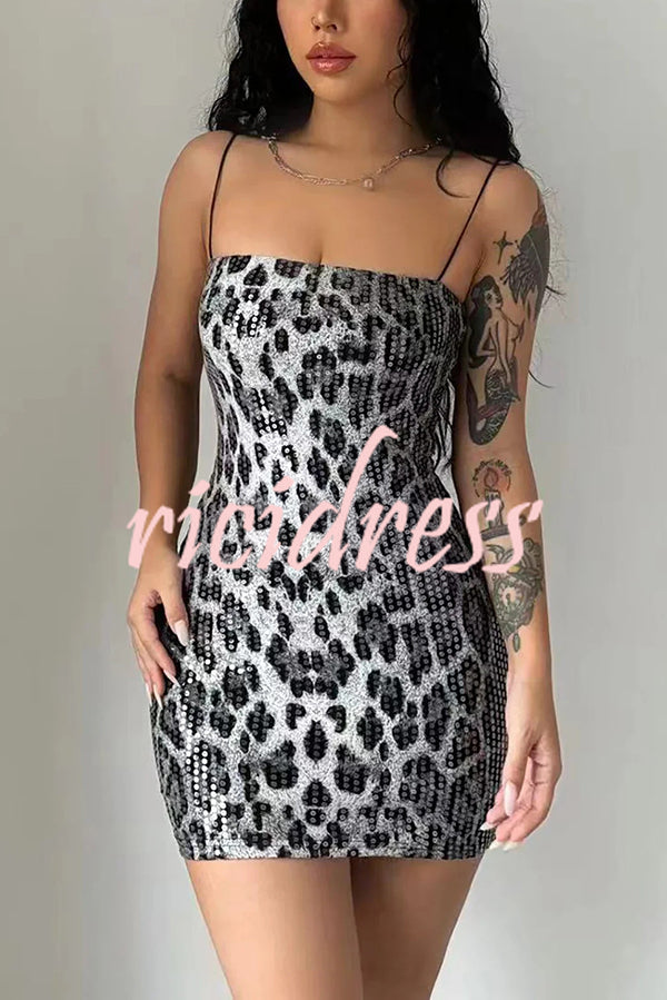 Leopard Print Sequin Sexy Sling Slim Fit Mini Dress