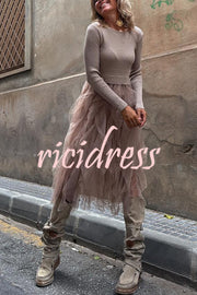 Jansen Ribbed Knit Patchwork Layered Tulle Ruffles Long Sleeve Midi Dress