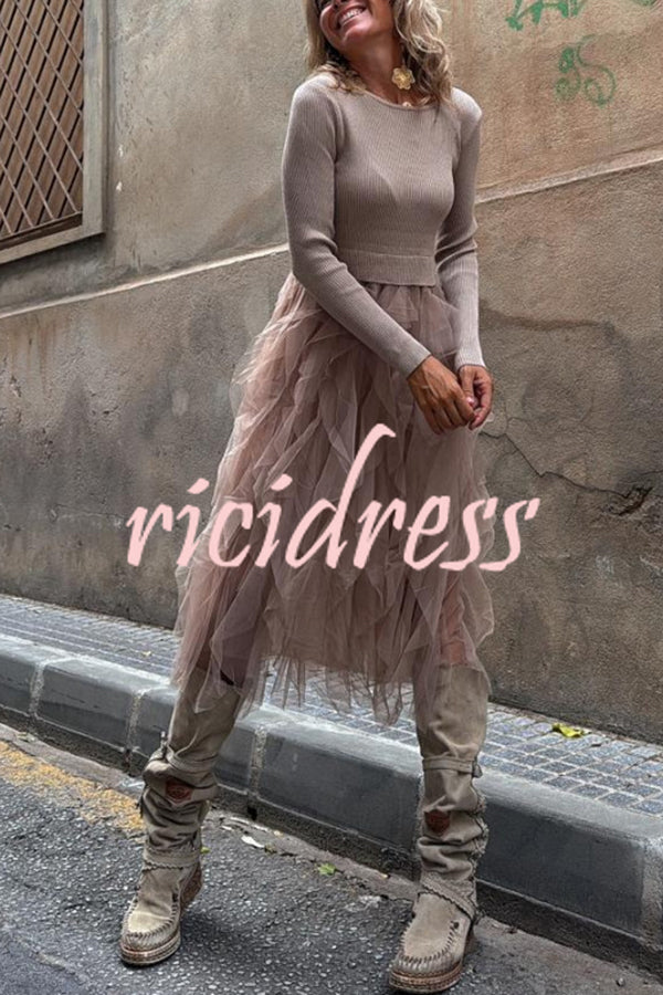 Jansen Ribbed Knit Patchwork Layered Tulle Ruffles Long Sleeve Midi Dress