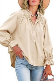 Solid Color V-neck Ruffled Lantern Sleeve Loose Casual Shirt