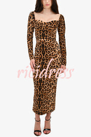 Leopard Print Long Sleeve Sexy Slim Fit Midi Dress
