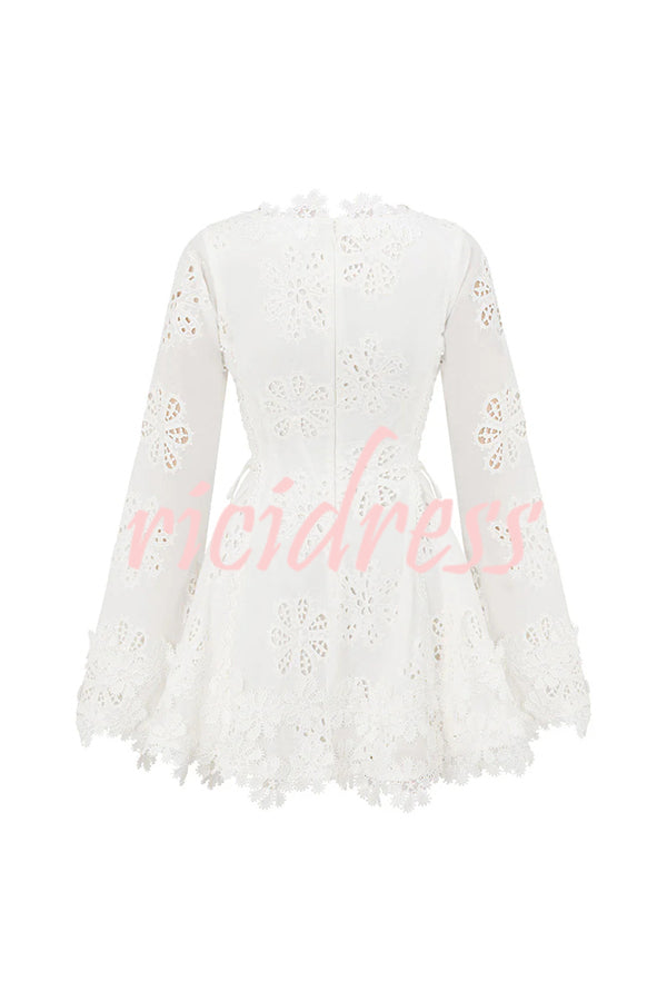 Diaz Embroidery Hollow Fabric Delicate Flower Trim Long Sleeve Side Lace-up Mini Dress