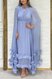 Fashionable V-neck Lace-up Ruffled Double-layer Hem Maxi Dress