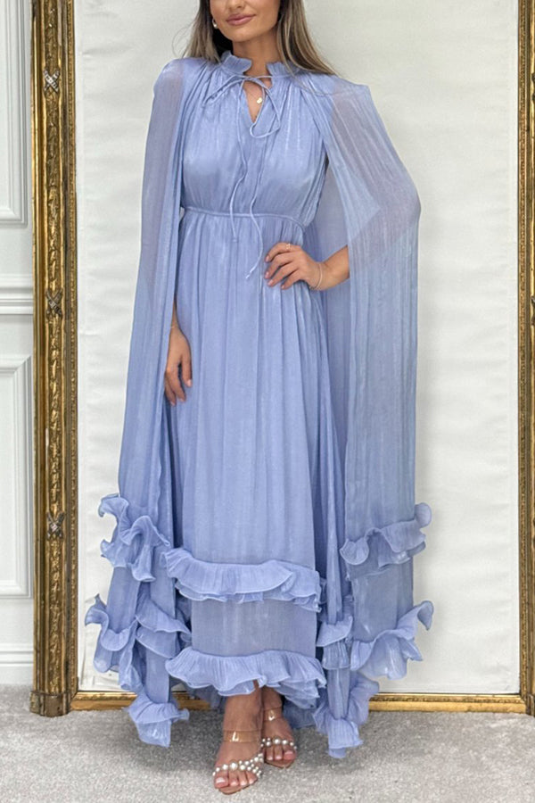 Fashionable V-neck Lace-up Ruffled Double-layer Hem Maxi Dress