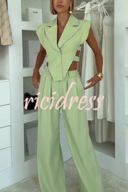 Fashion Style Lapel Waist-baring Irregular Vest and  Elastic Waist Pocket Loose Pants Set