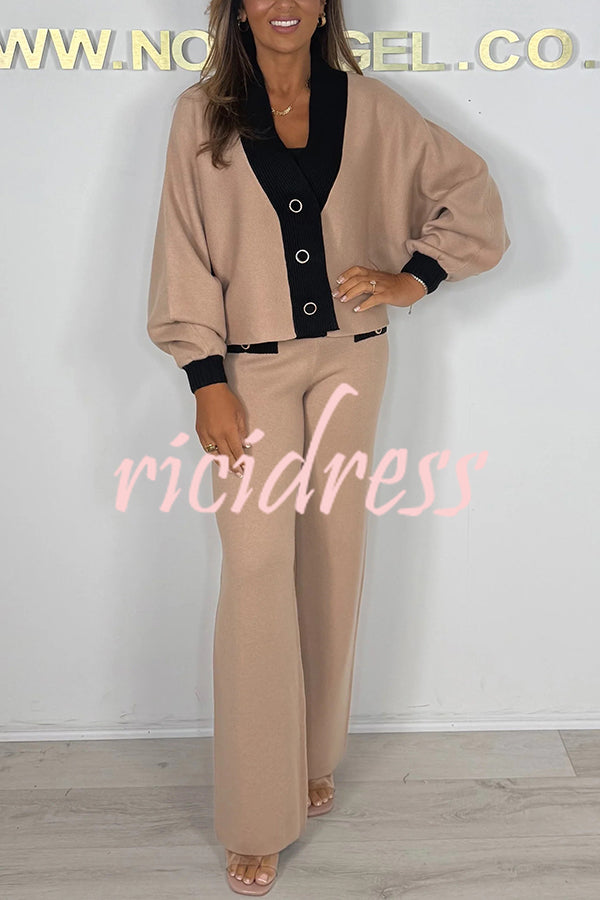 Fashion Contrast Color V-neck Loose Cardigan and Elastic Waist Casual Pants Set