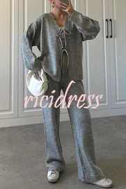 Solid Color V-neck Tie Long-sleeved Loose Knit Cardigan and Elastic Waist Casual Straight Leg Pants Set