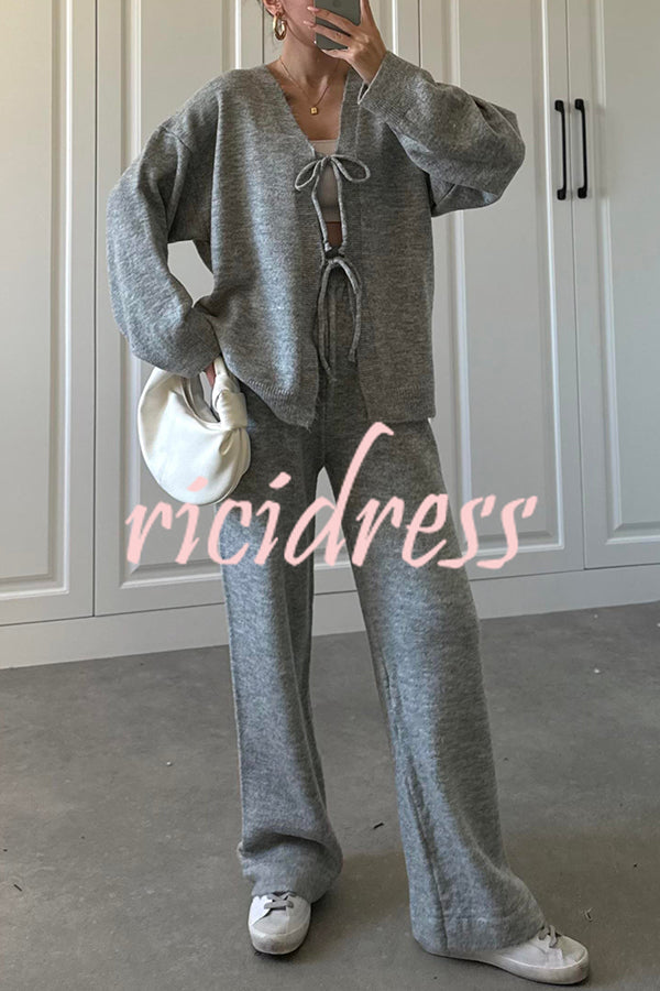 Solid Color V-neck Tie Long-sleeved Loose Knit Cardigan and Elastic Waist Casual Straight Leg Pants Set
