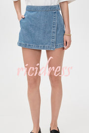 Fall for That Denim Faux Wrap Buckle Tie Pocketed Mini Shorts