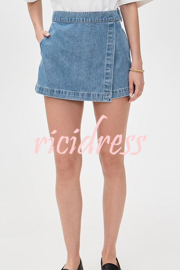Fall for That Denim Faux Wrap Buckle Tie Pocketed Mini Shorts