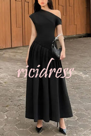 Fashionable Slope Neck Slim Fit Large Hem Maxi Dress