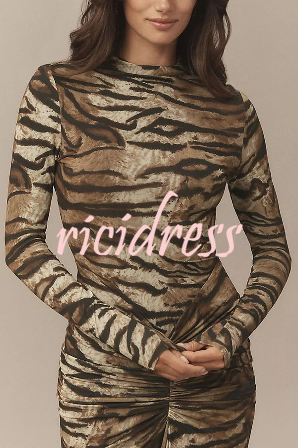 Winston Animal Print High-neck Long Sleeve Ruched Hip Stretch Maxi Dress