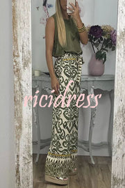 Cecilia Ethnic Print Tie Front Elastic Waist Wide Leg Pants
