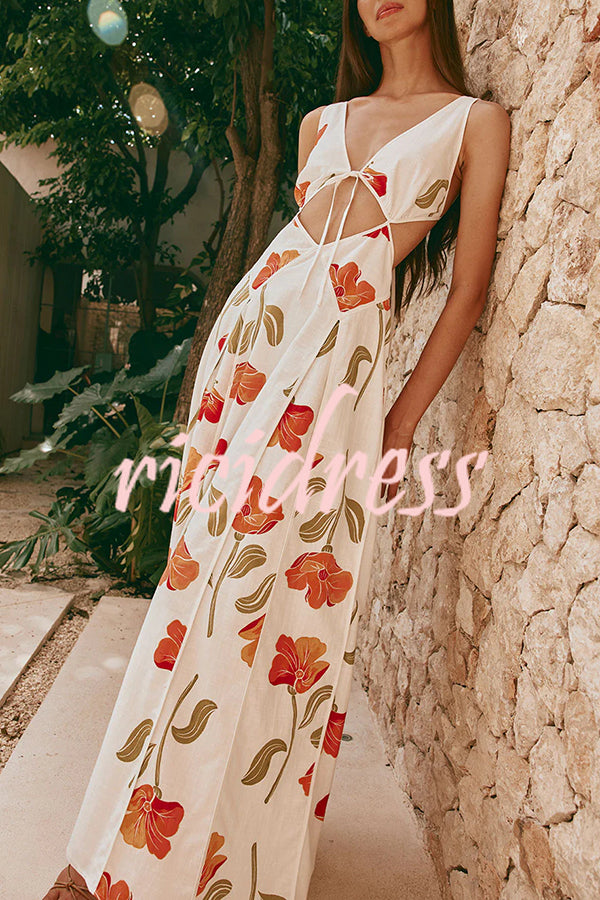 Eliska Linen Blend Poppy Print Cutout Contrast Trim A-line Maxi Dress