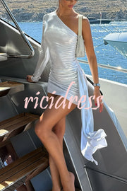Sexy Asymmetric One-sleeve Pleated Stretch Slim Mini Dress