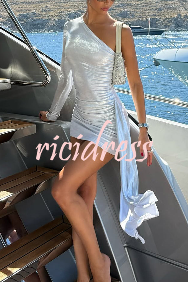 Sexy Asymmetric One-sleeve Pleated Stretch Slim Mini Dress