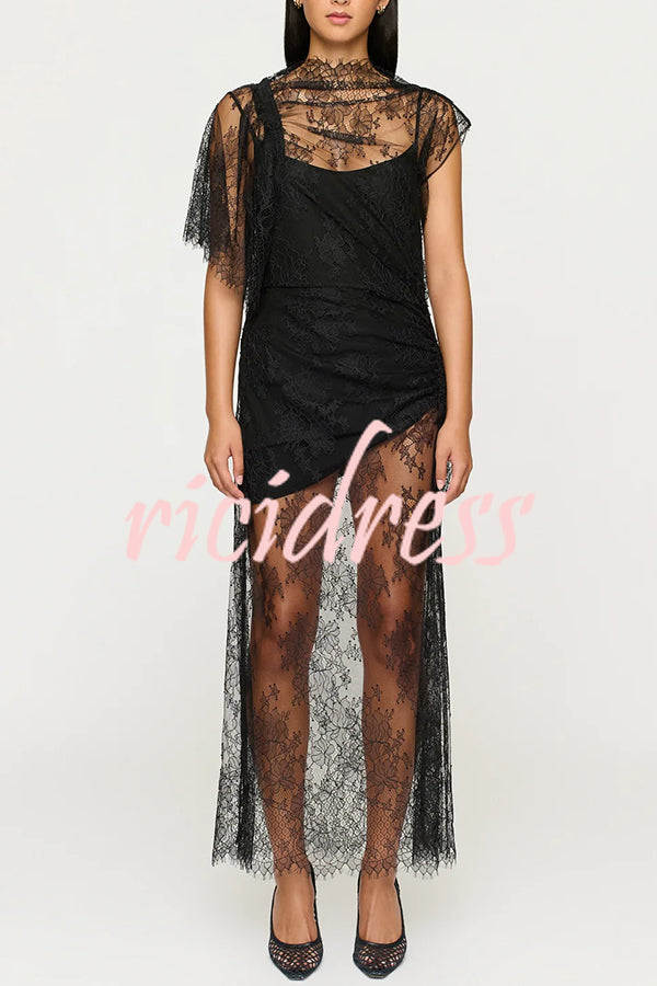 Romantic Statement Lace One Shoulder Bell Sleeve Asymmetrical Maxi Dress