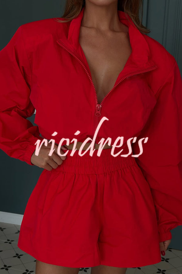 Solid Color Lapel Long-sleeved Loose Zipper Jacket and Elastic Waist Casual Shorts Set