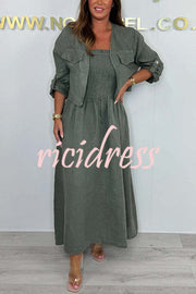Solid Color Casual Short Jacket and Suspender Pleated Maxi Dress Set