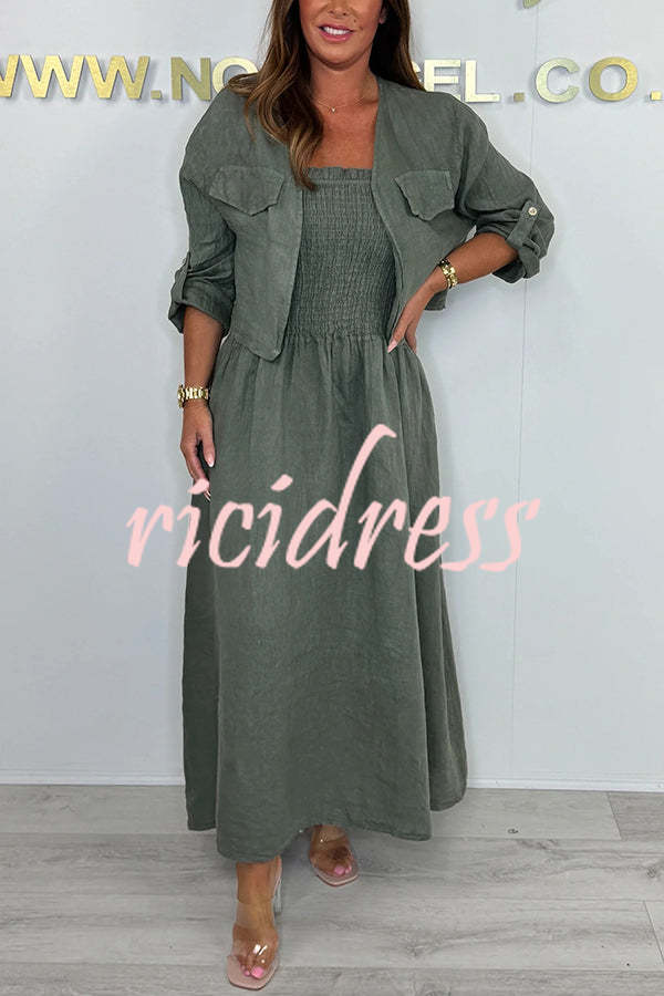 Solid Color Casual Short Jacket and Suspender Pleated Maxi Dress Set
